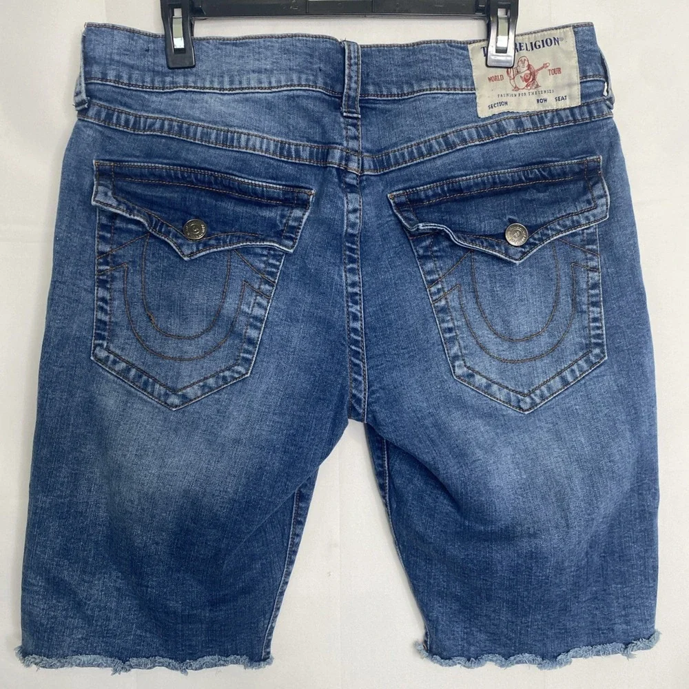 True Religion Ricky Relaxed Straight Denim Shorts Blue Wash Raw Hem Mens Size 34